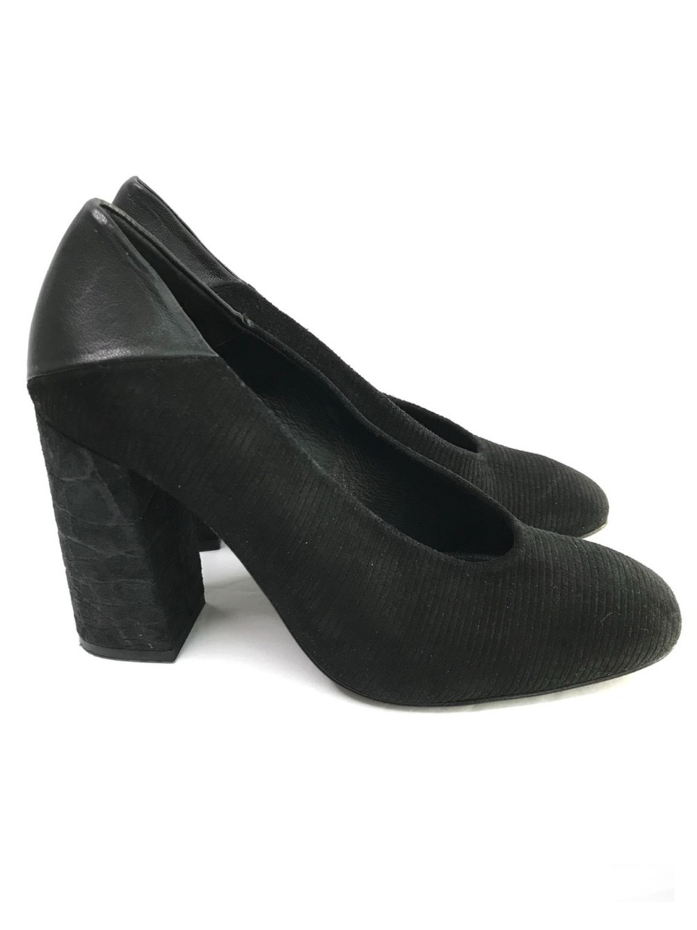 FREE PEOPLE Black Mixed Media Square Block Chunky Heels Size 37